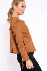 Brown Suedette Lace Back Jacket - Karey-Jackets