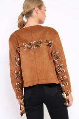 Brown Suedette Lace Back Jacket - Karey-Jackets