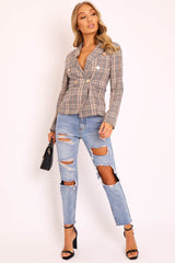 Brown Tartan Check Double Breasted Blazer - Vanda-Jackets