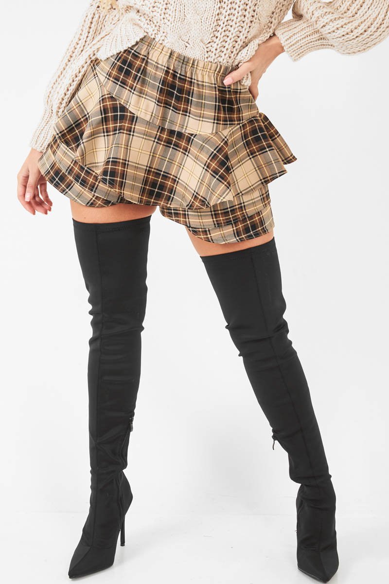 Brown Tartan Frill Hem Skort - Maren-Skorts