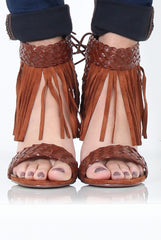 Brown Tassel Open Toe Block Heel - Misha-Heels