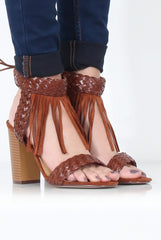 Brown Tassel Open Toe Block Heel - Misha-Heels