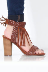 Brown Tassel Open Toe Block Heel - Misha-Heels