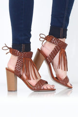 Brown Tassel Open Toe Block Heel - Misha-Heels