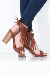 Brown Tassel Open Toe Block Heel - Misha-Heels