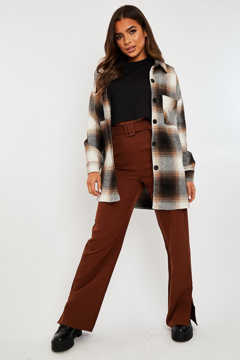 Brown Textured Check Oversized Shacket - Saphia-Shacket