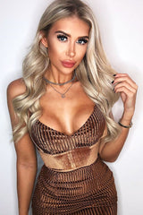 Brown Velvet Ribbed Plunge Bodycon Dress - Brandy-Dresses