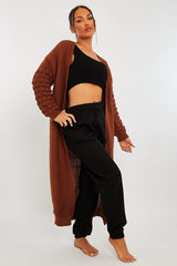 Brown Waffle Sleeve Maxi Cardigan - Davaya-Cardigans