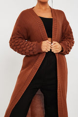 Brown Waffle Sleeve Maxi Cardigan - Davaya-Cardigans