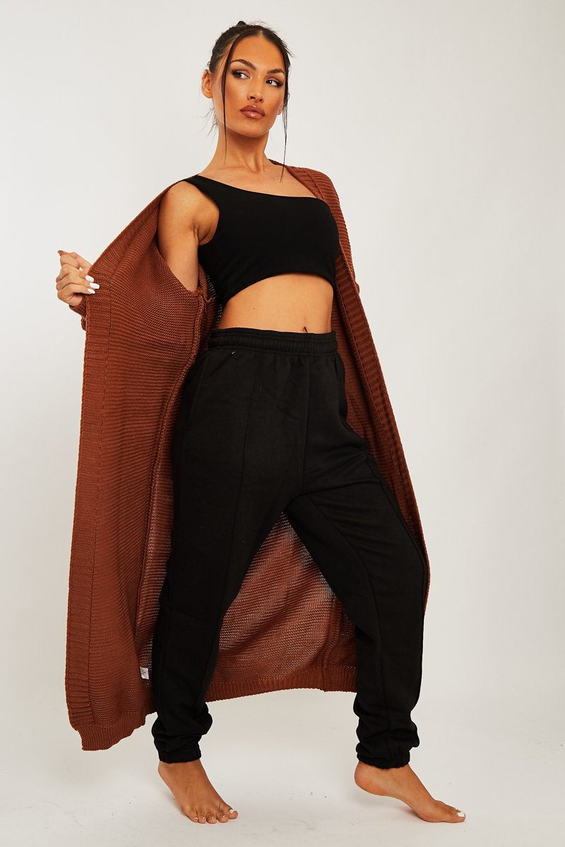 Brown Waffle Sleeve Maxi Cardigan - Davaya-Cardigans