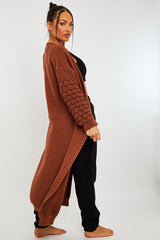 Brown Waffle Sleeve Maxi Cardigan - Davaya-Cardigans