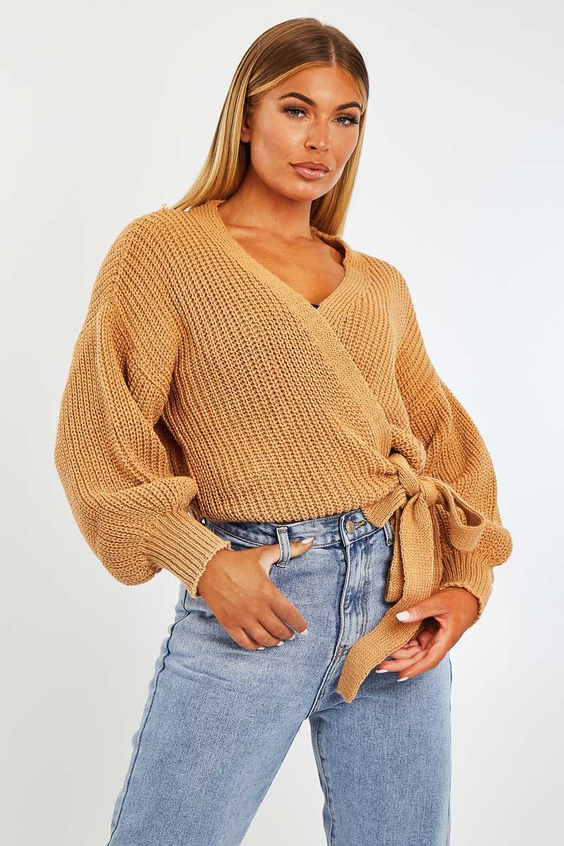Brown Wrap Tie Details Cardigan - Lucy-Cardigans