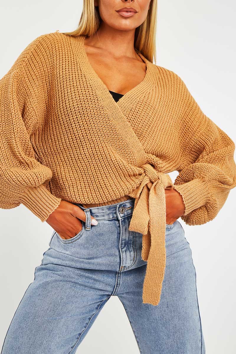 Brown Wrap Tie Details Cardigan - Lucy-Cardigans