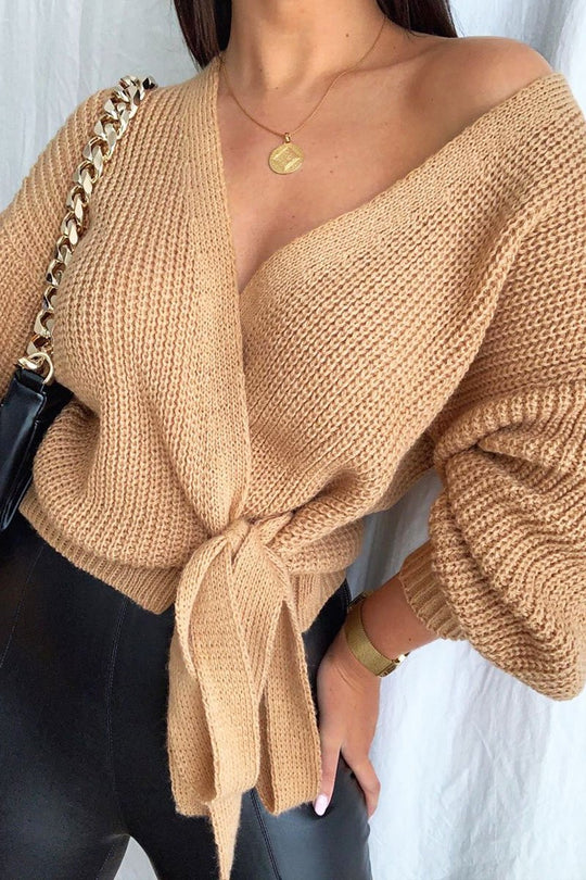 Brown Wrap Tie Details Cardigan - Lucy