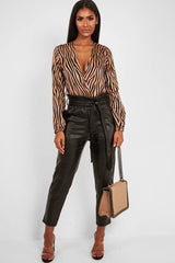 Brown Zebra Print Plunge Bodysuit - Aaralyn-Bodysuits