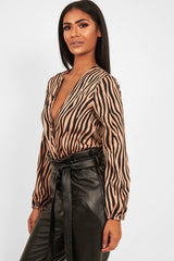 Brown Zebra Print Plunge Bodysuit - Aaralyn-Bodysuits