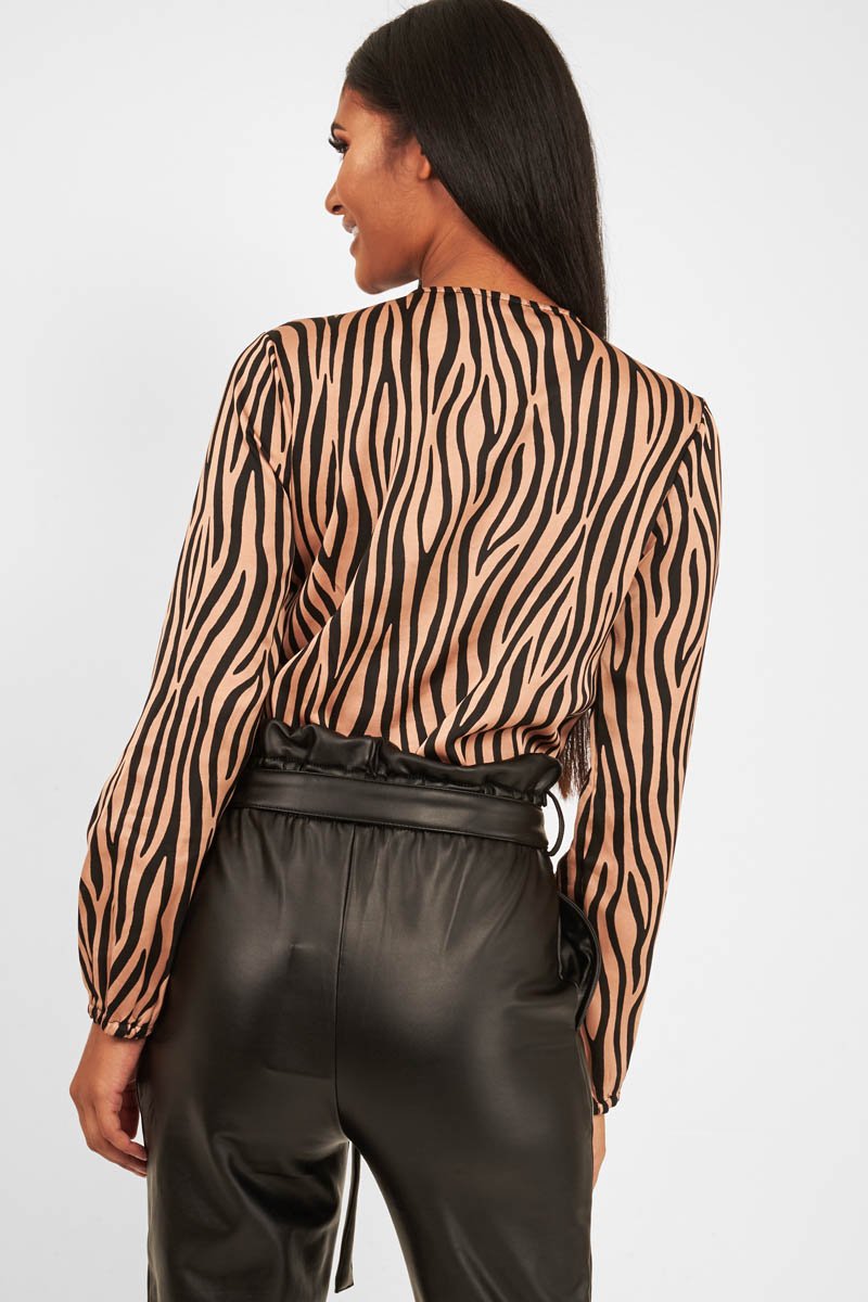 Brown Zebra Print Plunge Bodysuit - Aaralyn-Bodysuits