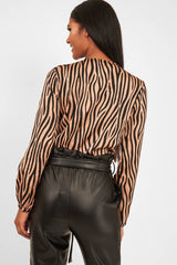 Brown Zebra Print Plunge Bodysuit - Aaralyn-Bodysuits