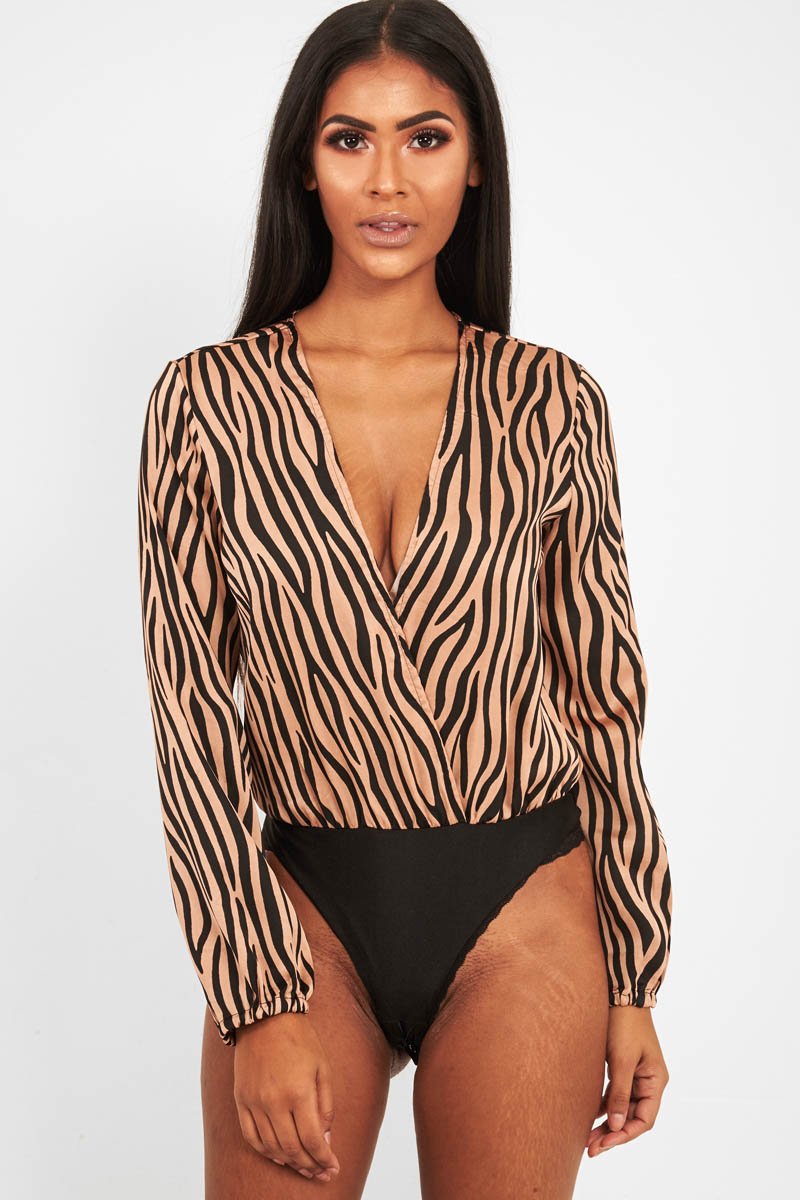 Brown Zebra Print Plunge Bodysuit - Aaralyn-Bodysuits