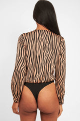 Brown Zebra Print Plunge Bodysuit - Aaralyn-Bodysuits