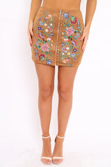 Brown Zip Front Floral Embroidered Skirt - Charline-Skirts