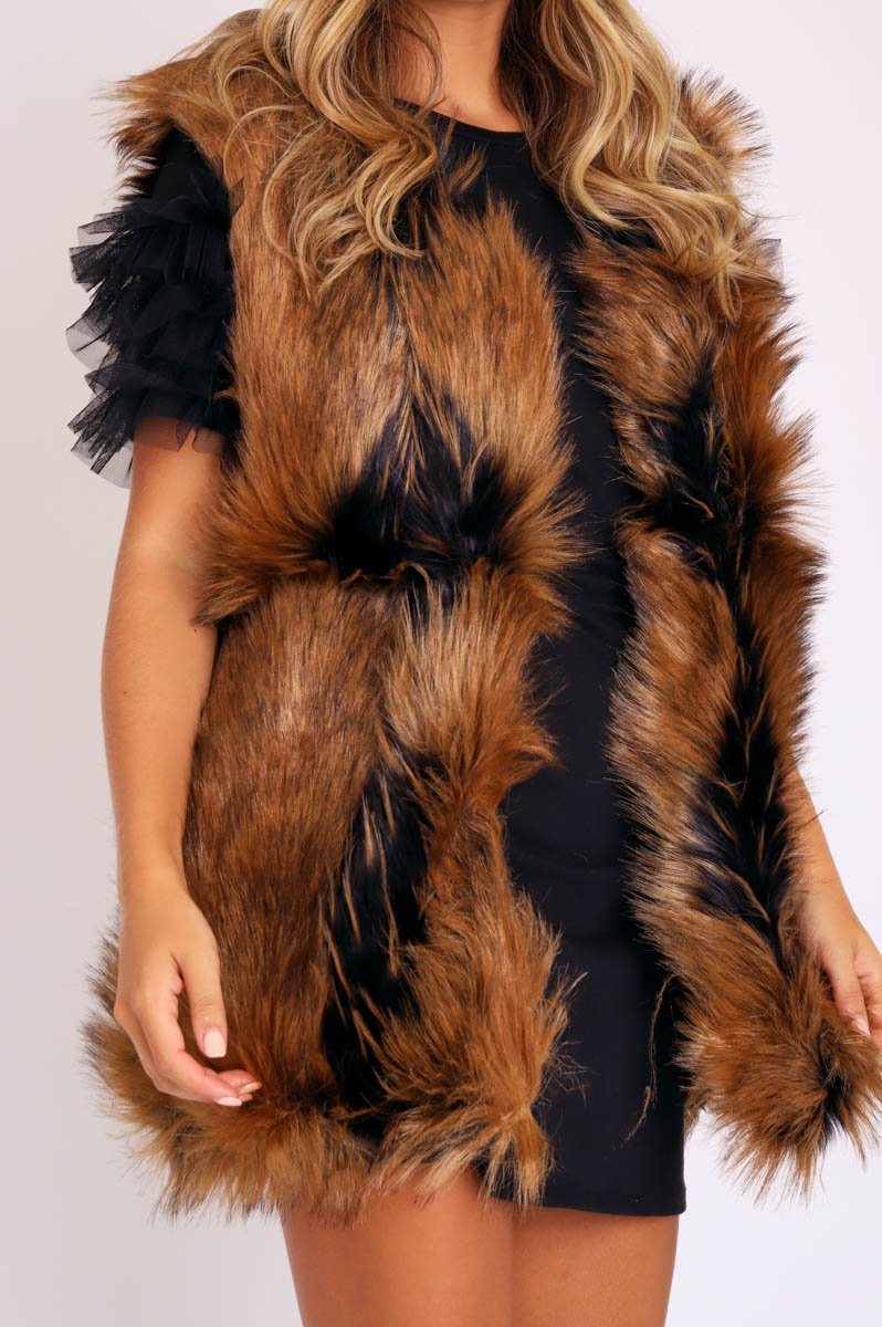Brown and Black Faux Fur Gilet - Jordana-Faux Fur