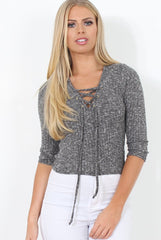 Brylie Grey Tie Front Top-Tops