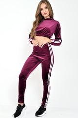 Burgundy And White Stripe Velour Cropped Tracksuit - Deymi-Loungewear