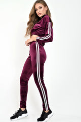 Burgundy And White Stripe Velour Cropped Tracksuit - Deymi-Loungewear