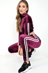 Burgundy And White Stripe Velour Cropped Tracksuit - Deymi-Loungewear