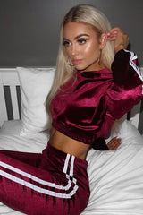 Burgundy And White Stripe Velour Cropped Tracksuit - Deymi-Loungewear