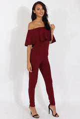 Burgundy Bardot Fitted Jumpsuit - Bridget-Jumpsuits