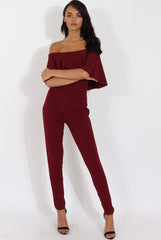 Burgundy Bardot Fitted Jumpsuit - Bridget-Jumpsuits