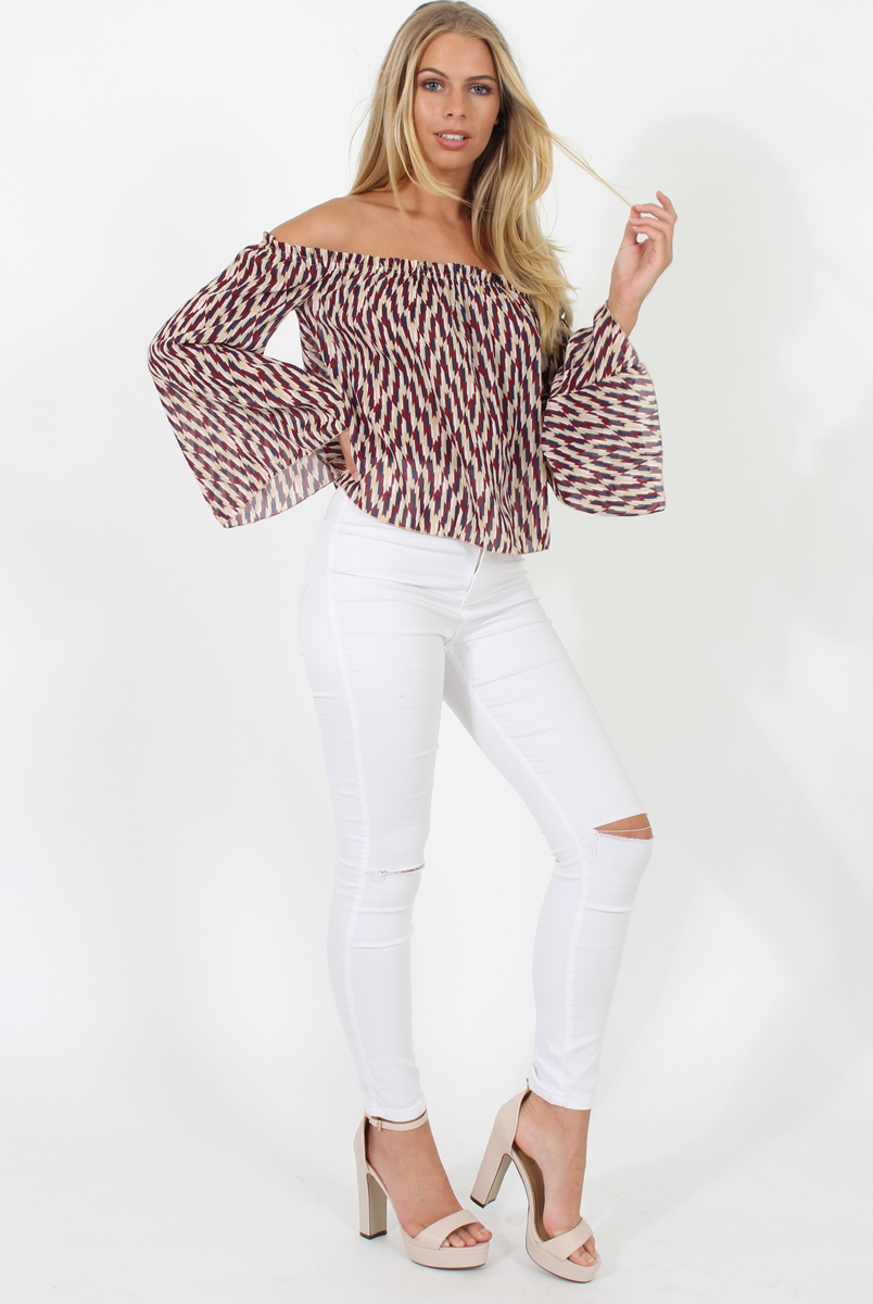 Burgundy, Beige and Navy Pattern Bardot Three Quarter Bell Sleeve Crop- Chantelle-Dresses