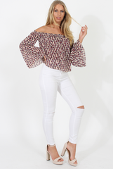 Burgundy, Beige and Navy Pattern Bardot Three Quarter Bell Sleeve Crop- Chantelle-Dresses