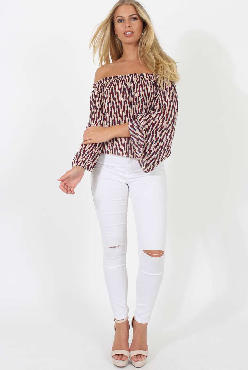 Burgundy, Beige and Navy Pattern Bardot Three Quarter Bell Sleeve Crop- Chantelle-Dresses