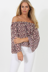 Burgundy, Beige and Navy Pattern Bardot Three Quarter Bell Sleeve Crop- Chantelle-Dresses