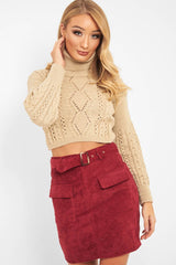 Burgundy Corduroy Belted Skirt - Alaysia-Skirts