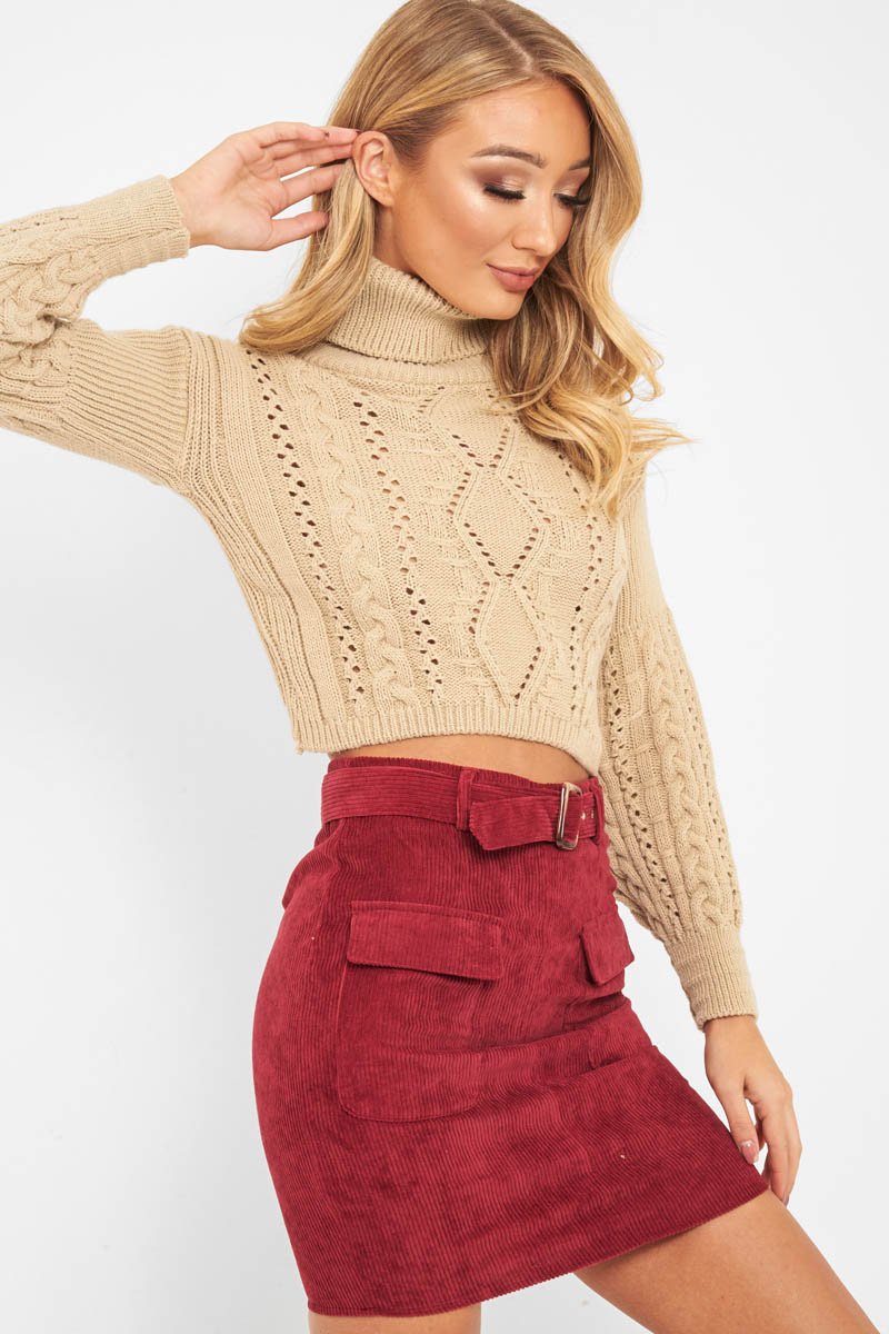 Burgundy Corduroy Belted Skirt - Alaysia-Skirts