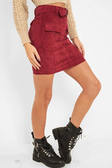 Burgundy Corduroy Belted Skirt - Alaysia-Skirts