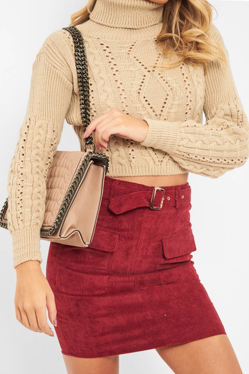 Burgundy Corduroy Belted Skirt - Alaysia-Skirts
