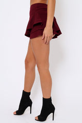 Burgundy Frill High Waisted Shorts - Claudelle-Shorts