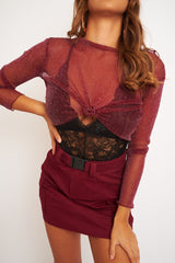 Burgundy Glitter Mesh Lettuce Hem Long Sleeve Top - Akila-Tops