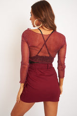 Burgundy Glitter Mesh Lettuce Hem Long Sleeve Top - Akila-Tops