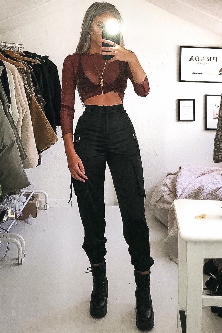 Burgundy Glitter Mesh Lettuce Hem Long Sleeve Top - Akila-Tops