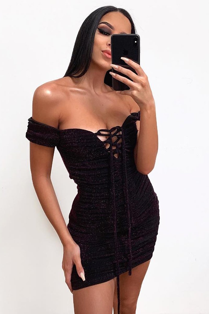 Burgundy Glitter Ruched Slinky Lace Up Dress - Rosina-Dresses