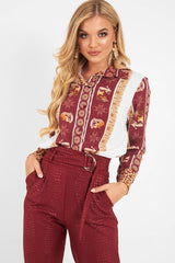 Burgundy Leopard Print Detail Satin Shirt - Corean-Shirts
