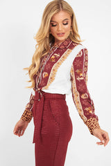 Burgundy Leopard Print Detail Satin Shirt - Corean-Shirts