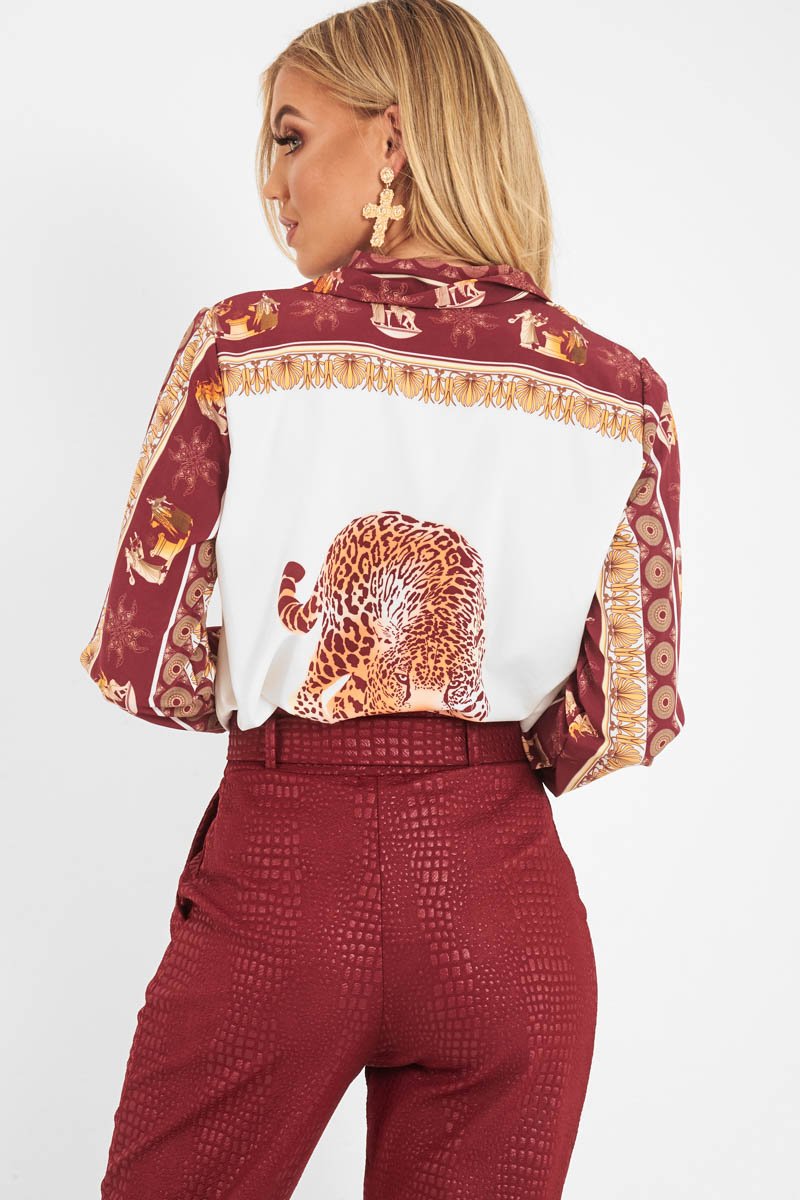 Burgundy Leopard Print Detail Satin Shirt - Corean-Shirts