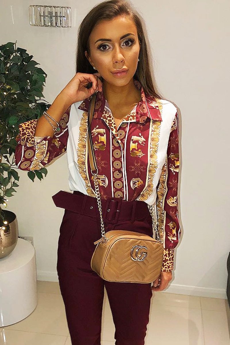 Burgundy Leopard Print Detail Satin Shirt - Corean-Shirts